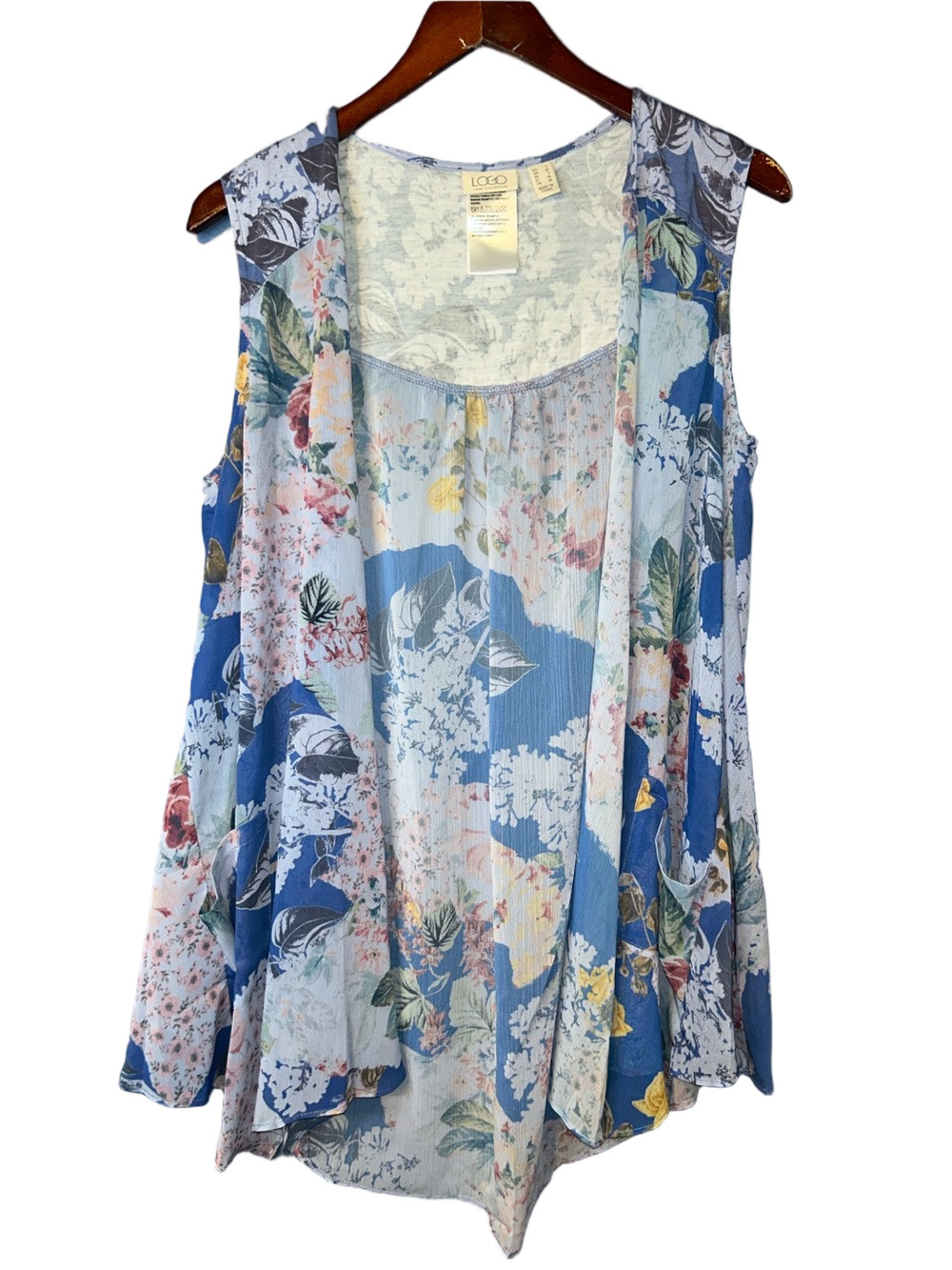 LOGO Lori Goldstein Blue Floral Sleeveless Duster Sheer Cardigan Festival Boho